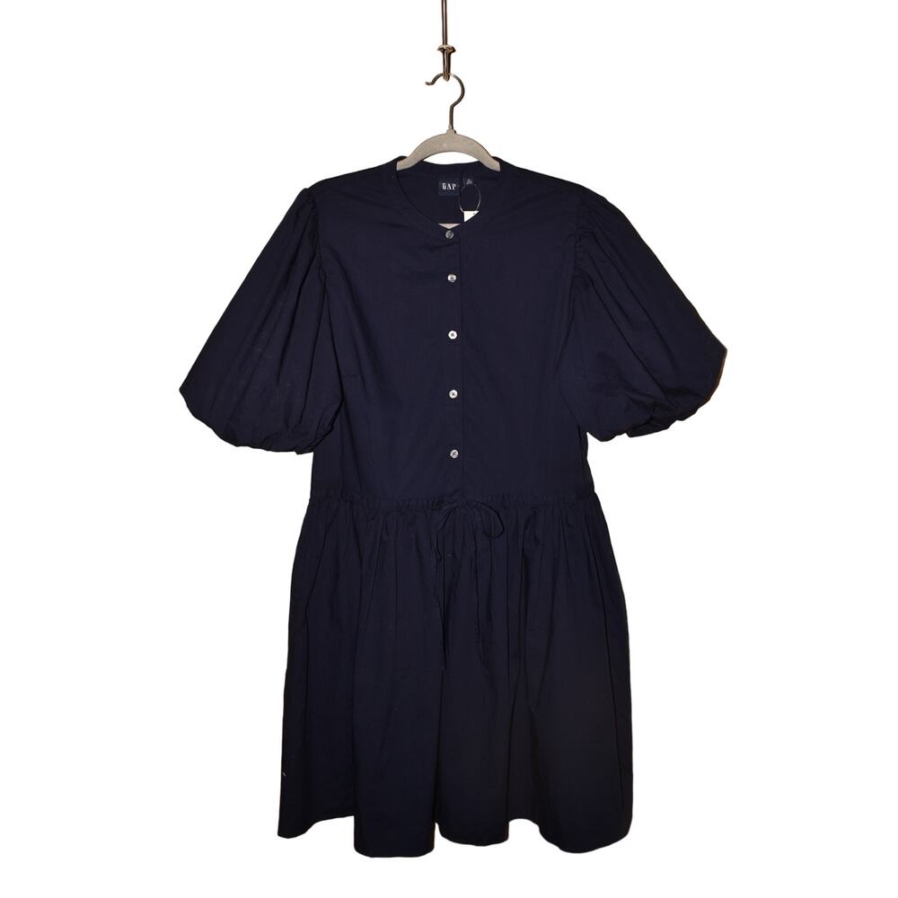 GAP NEW $80 Short Bubble Sleeve Button Front A-line Flare Dress Navy LT - Picture 1 of 3